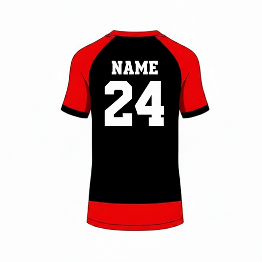 Red black custom esports jersey back side with player name and number