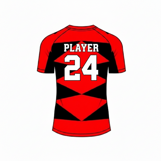 Red black custom esports jersey back side with player name and number
