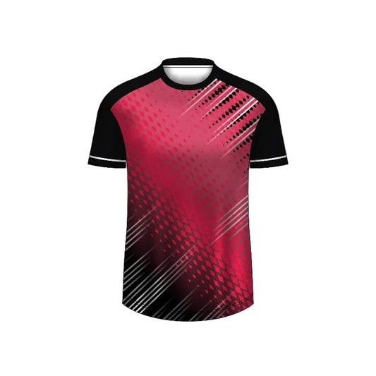 Custom red black inferno strike esports jersey front view with premium gaming design