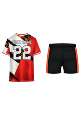 Custom red, black and white sports jersey with abstract geometric stripe pattern and matching black shorts for cricket, football and team sports by NextPrint India