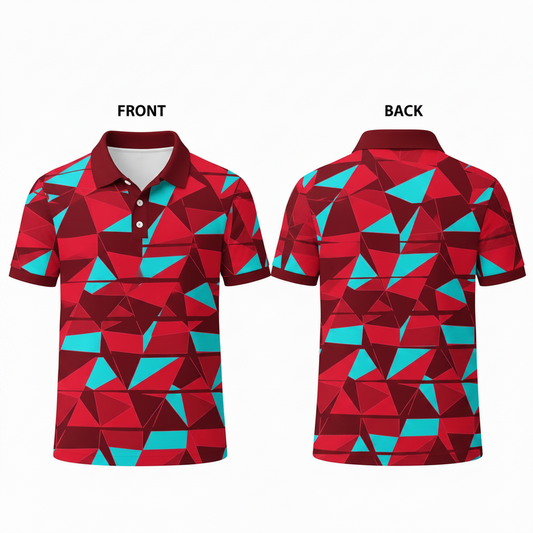 Custom Red Blue Geometric Patterned Esports Polo Jersey front view