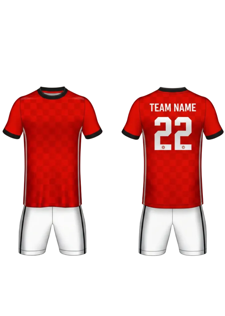 Red checkered football jersey with white shorts front and back view custom team sports uniform design for clubs and tournaments
