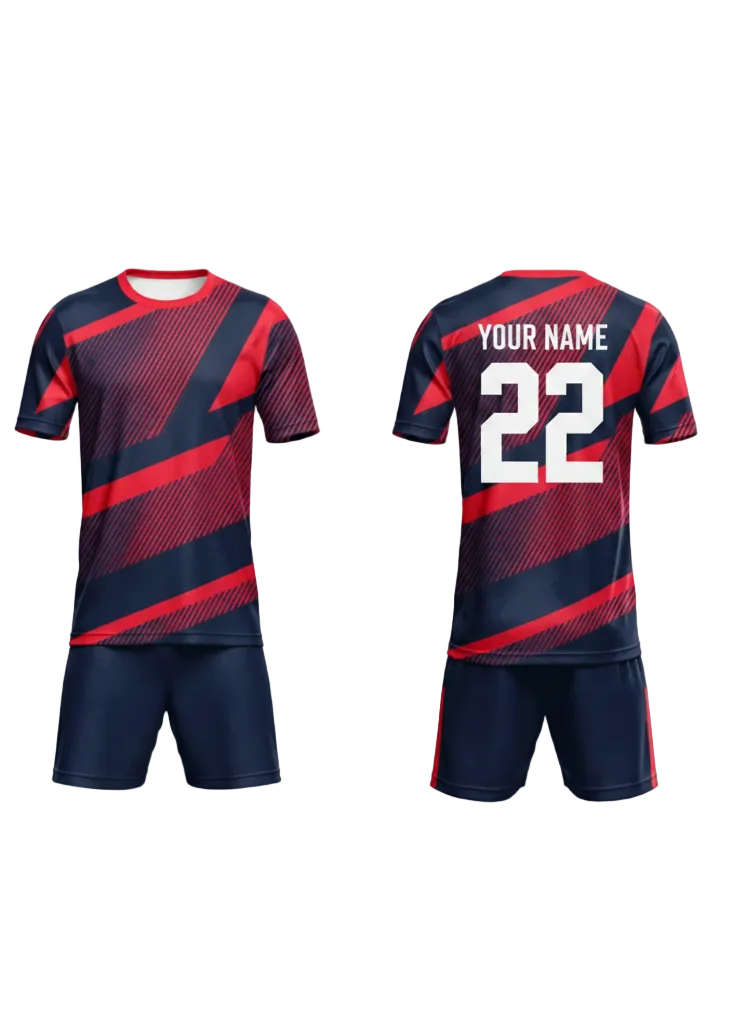 Custom red and navy blue striped sports jersey with shorts set for cricket and football team uniform India front and back view