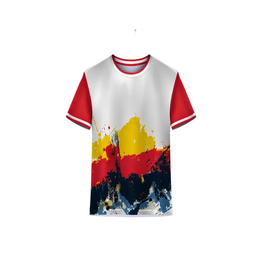 Custom red white abstract sports jersey with sublimation print for cricket and football teams by NextPrint India