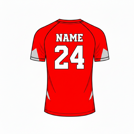 Red white custom esports jersey back side with player name and number