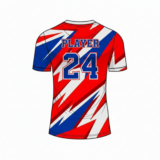 Red white blue custom esports jersey back side with player name and number