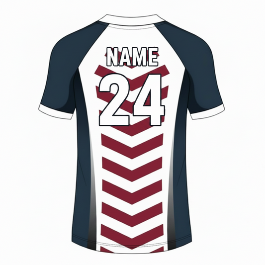Red white custom esports jersey back side with player name and number