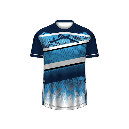 Custom royal blue urban camo esports jersey front view with premium gaming design
