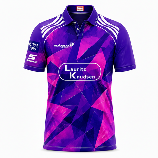 Purple and pink sports jersey with various logos on a white background