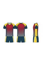 Red yellow and blue gradient sports jersey with matching shorts front back and side view custom football cricket team uniform design