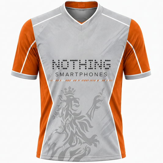 Gray and orange sports jersey with 'Mumbai Indians' logo and 'Nothing Smartphones' text on a white background