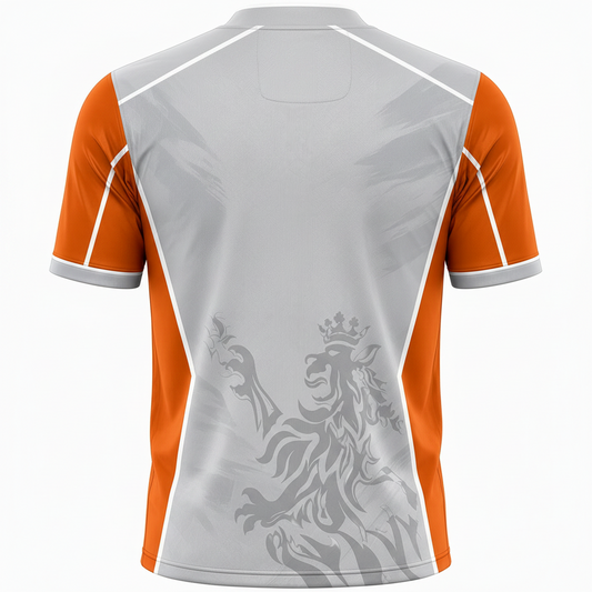Gray and orange sports jersey with a lion emblem on the back against a white background