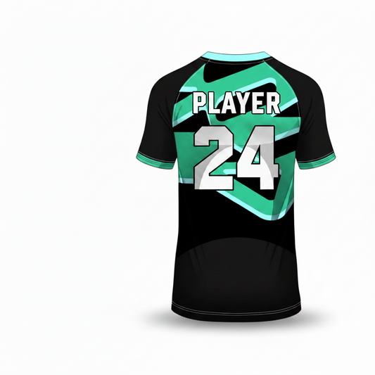 Teal black custom esports jersey back side with player name and number