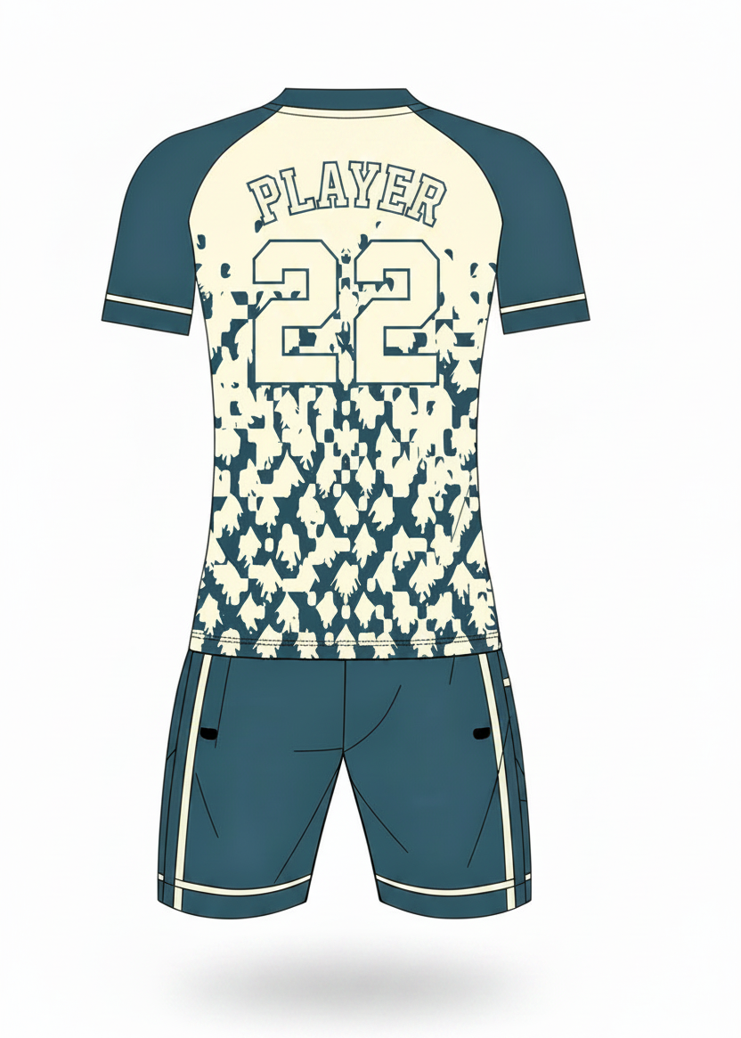 Custom teal and cream sports jersey with shorts set for cricket and football team uniform India back view camouflage pattern