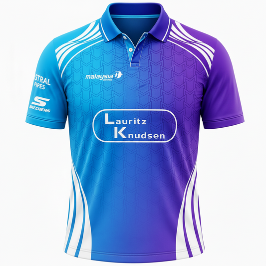 Blue and purple sports jersey with various brand logos on a white background