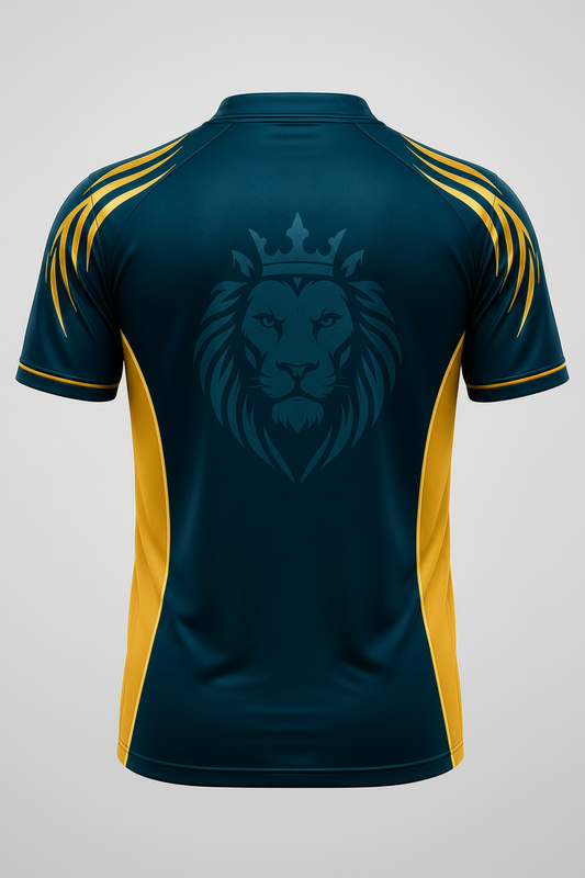 Teal and gold sports jersey with a lion emblem on a gray background