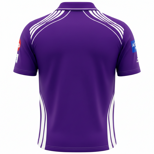 Purple sports jersey with white stripes on a white background