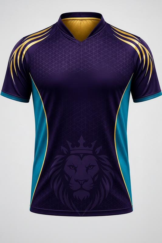 Purple sports jersey with gold and blue accents featuring 'Mumbai Indian Cricket Club' text on a white background.