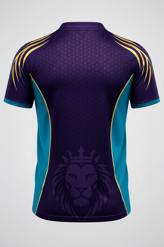 Purple sports jersey with gold and teal accents on a white background