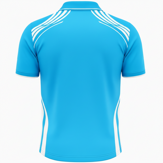 Blue sports jersey with white stripes on a white background