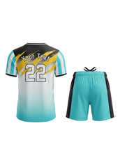 Custom white sports jersey with black, yellow and aqua blue abstract brush stroke design and matching shorts for cricket, football and team sports by NextPrint India