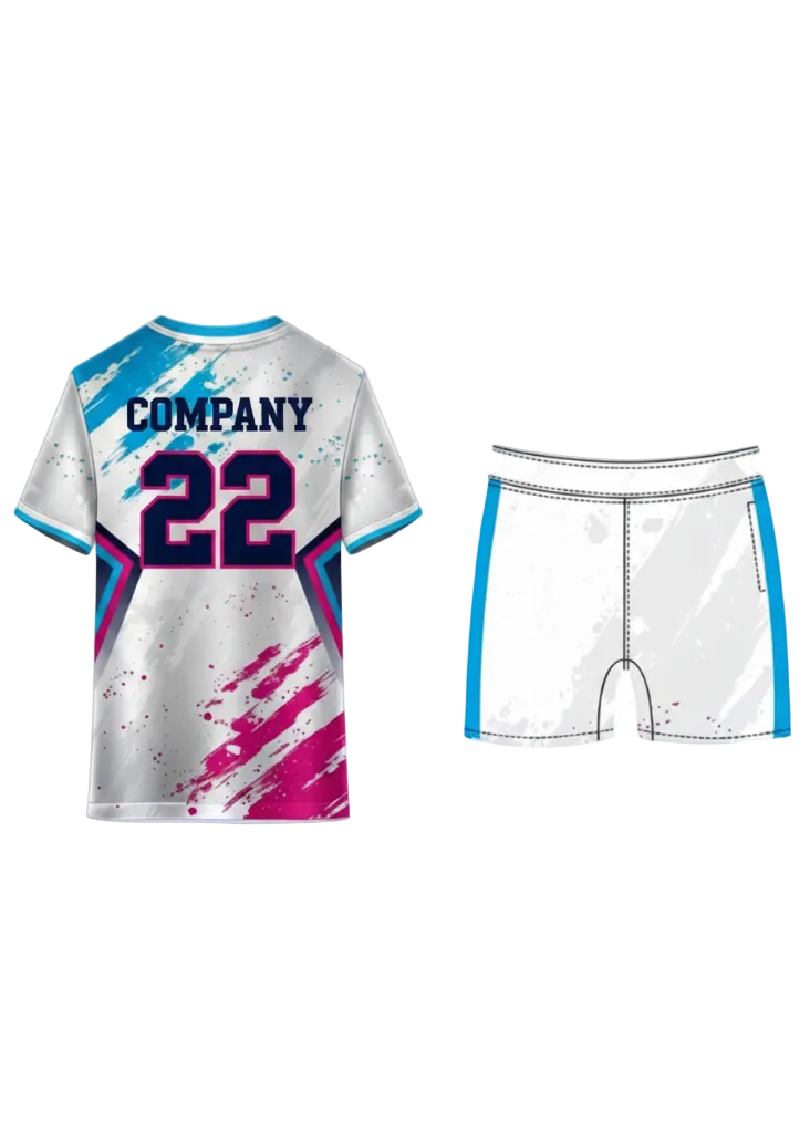 Custom white sports jersey with blue and pink star graphic design and matching shorts for cricket, football and team sports by NextPrint India.
