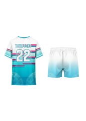 Custom white and cyan sports jersey with matching shorts featuring pink geometric stripe design for cricket, football, badminton and team wear by NextPrint India