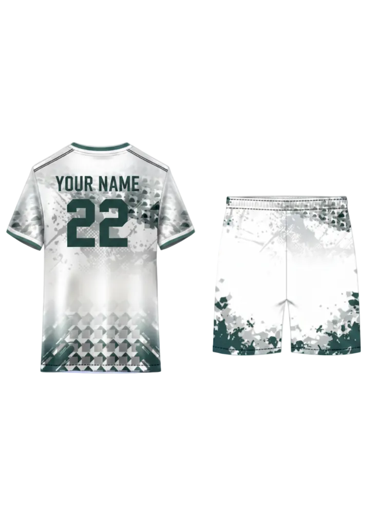 Custom white and grey sports jersey with abstract geometric pattern and matching shorts for cricket, football, badminton and team uniforms by NextPrint India