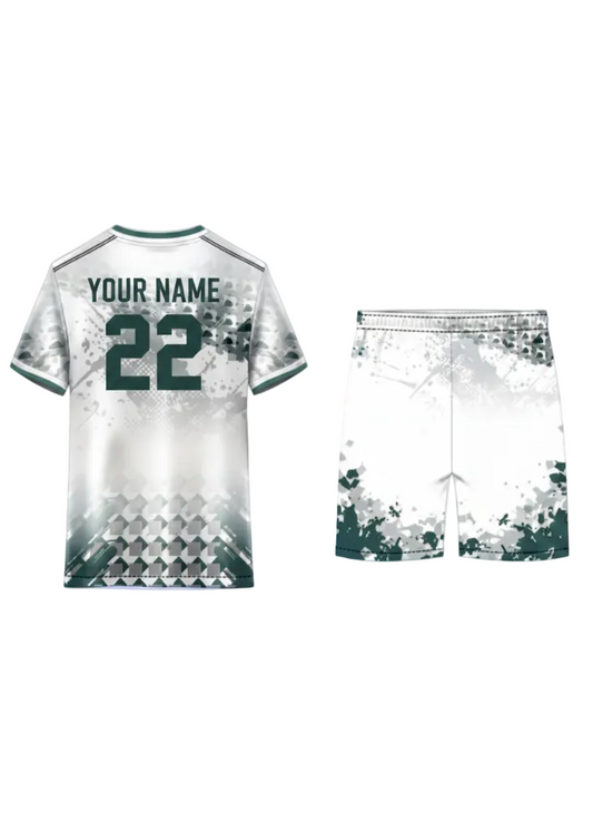 Custom white and grey sports jersey with abstract geometric pattern and matching shorts for cricket, football, badminton and team uniforms by NextPrint India