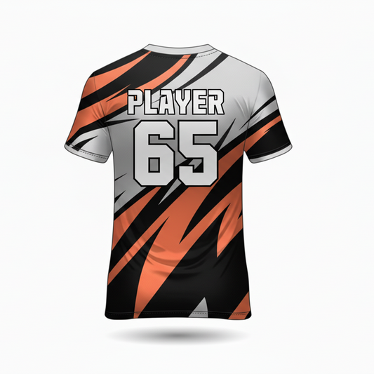 Custom white orange esports jersey back side with personalized gamer name and number