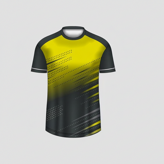 Custom yellow black geometric esports jersey front view with premium gaming design