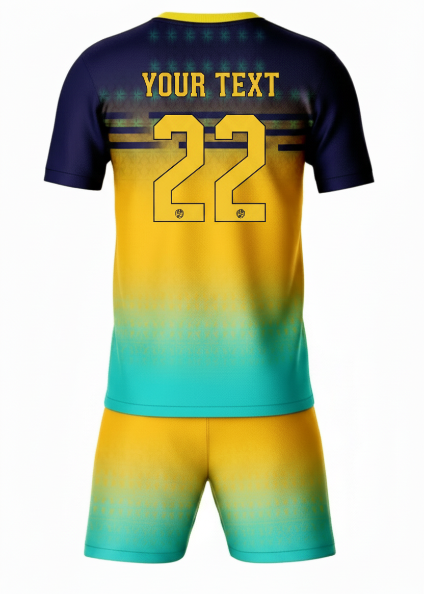 Custom yellow and blue gradient sports jersey with matching shorts, back side printed with name "Your Text" and number 22, breathable team uniform, NextPrint India