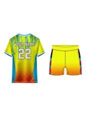 Custom yellow sports jersey with blue stripe graphics and orange gradient shorts design for cricket, football and team sports by NextPrint India.