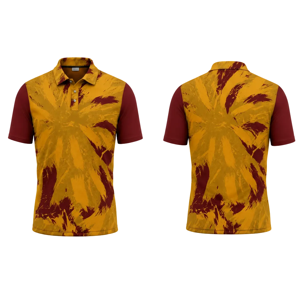 Custom Yellow Maroon Tie-Dye Pattern Esports Polo Jersey front view