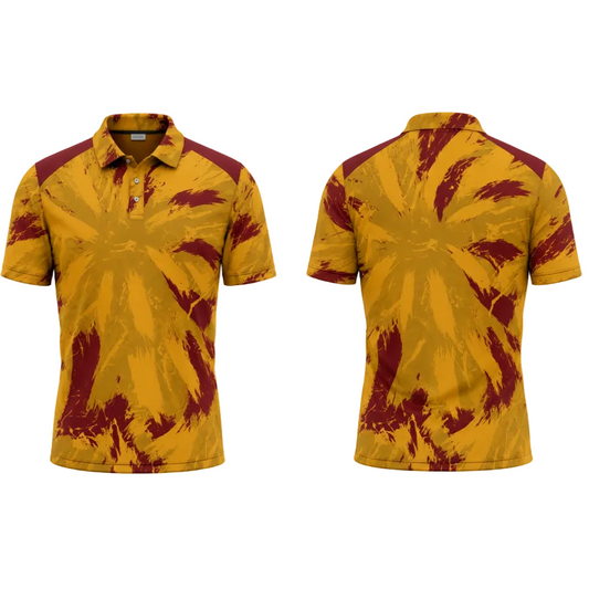 Custom Yellow Red Tie-Dye Blaze Esports Polo Jersey front view
