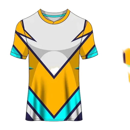 Custom yellow white aqua vortex esports jersey front view