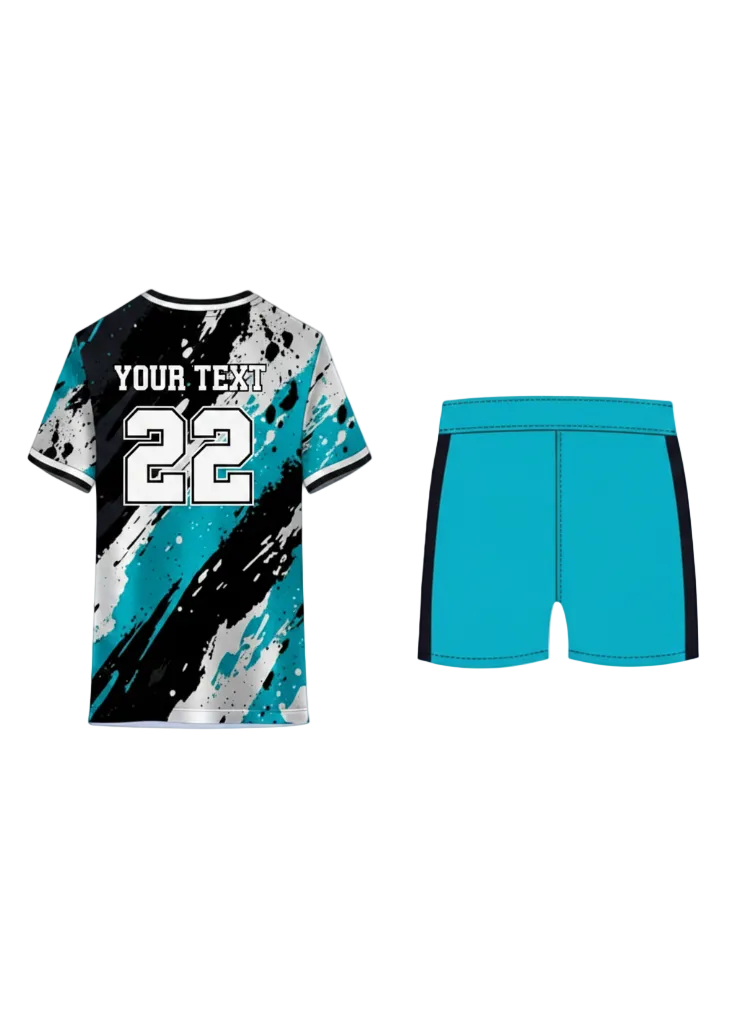 Cyan blue black and white abstract custom sports jersey with matching shorts for cricket, football and volleyball team uniform sublimation printing