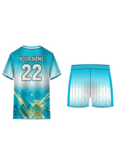 Cyan blue gradient custom sports jersey with matching shorts for cricket, football and volleyball team uniform sublimation printing