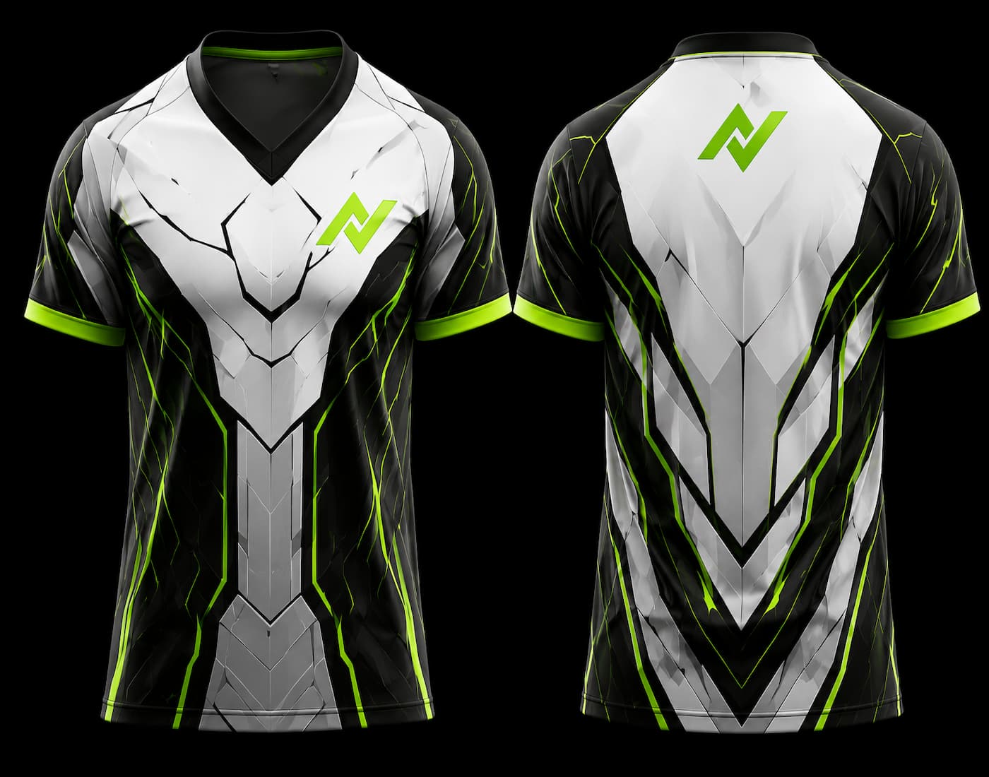 Front and back view of a white, black, and neon green cyber armor esports jersey featuring futuristic geometric graphics and a V-neck design.