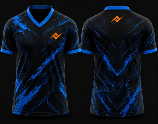 Black and electric blue esports jersey with V-neck polo collar featuring futuristic cyber graphics and orange logo placement on chest and back neck.