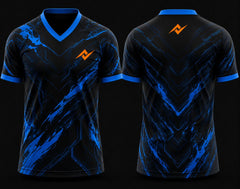 Black and electric blue esports jersey with V-neck polo collar featuring futuristic cyber graphics and orange logo placement on chest and back neck.
