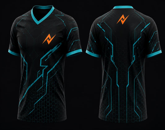 Front and back view of a black and cyan V-neck esports jersey featuring futuristic circuit graphics, hexagon texture, and an orange logo on the chest and upper back.