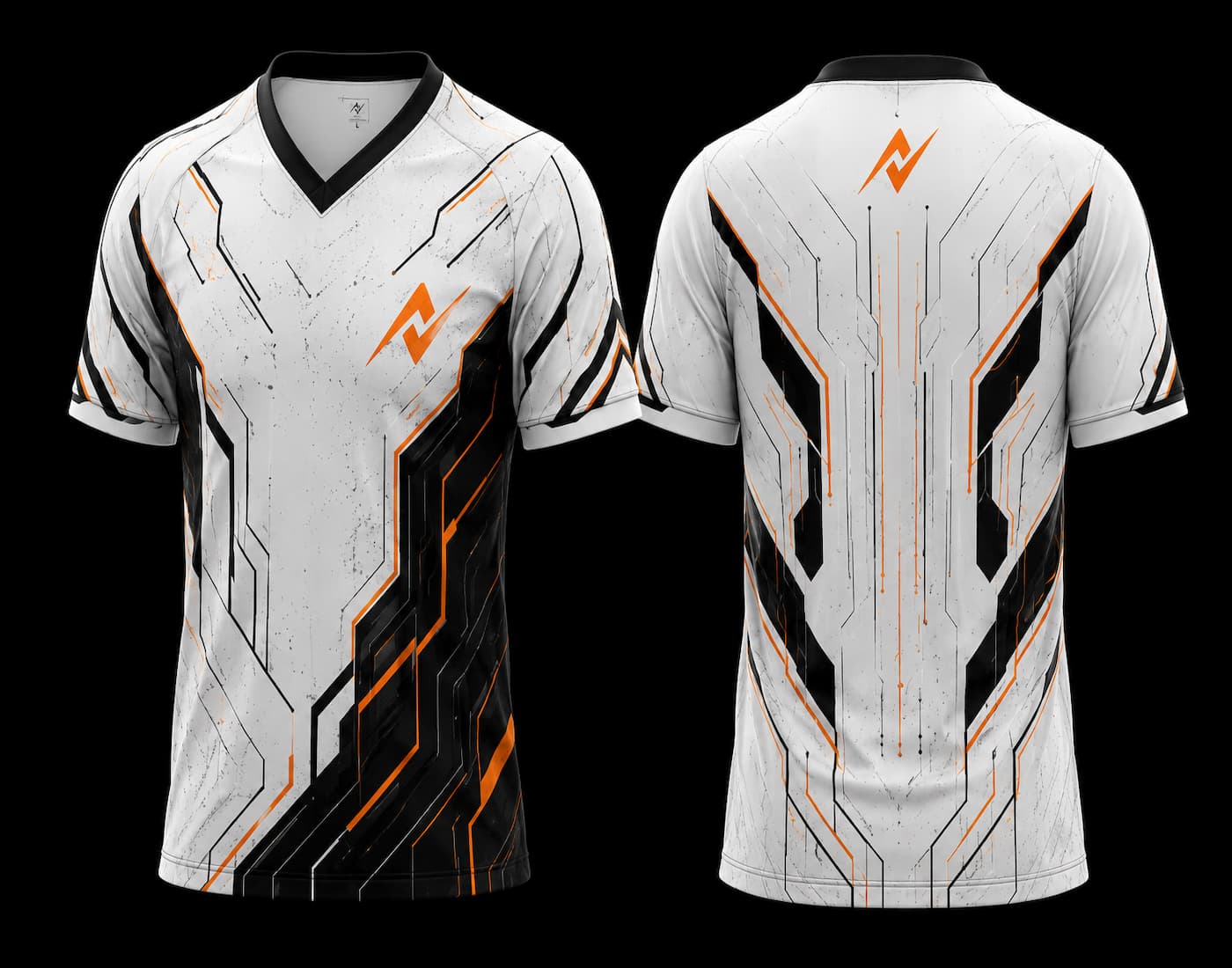 Front and back view of a white V-neck esports jersey featuring black and orange futuristic circuit graphics with an orange logo on the chest and upper back.
