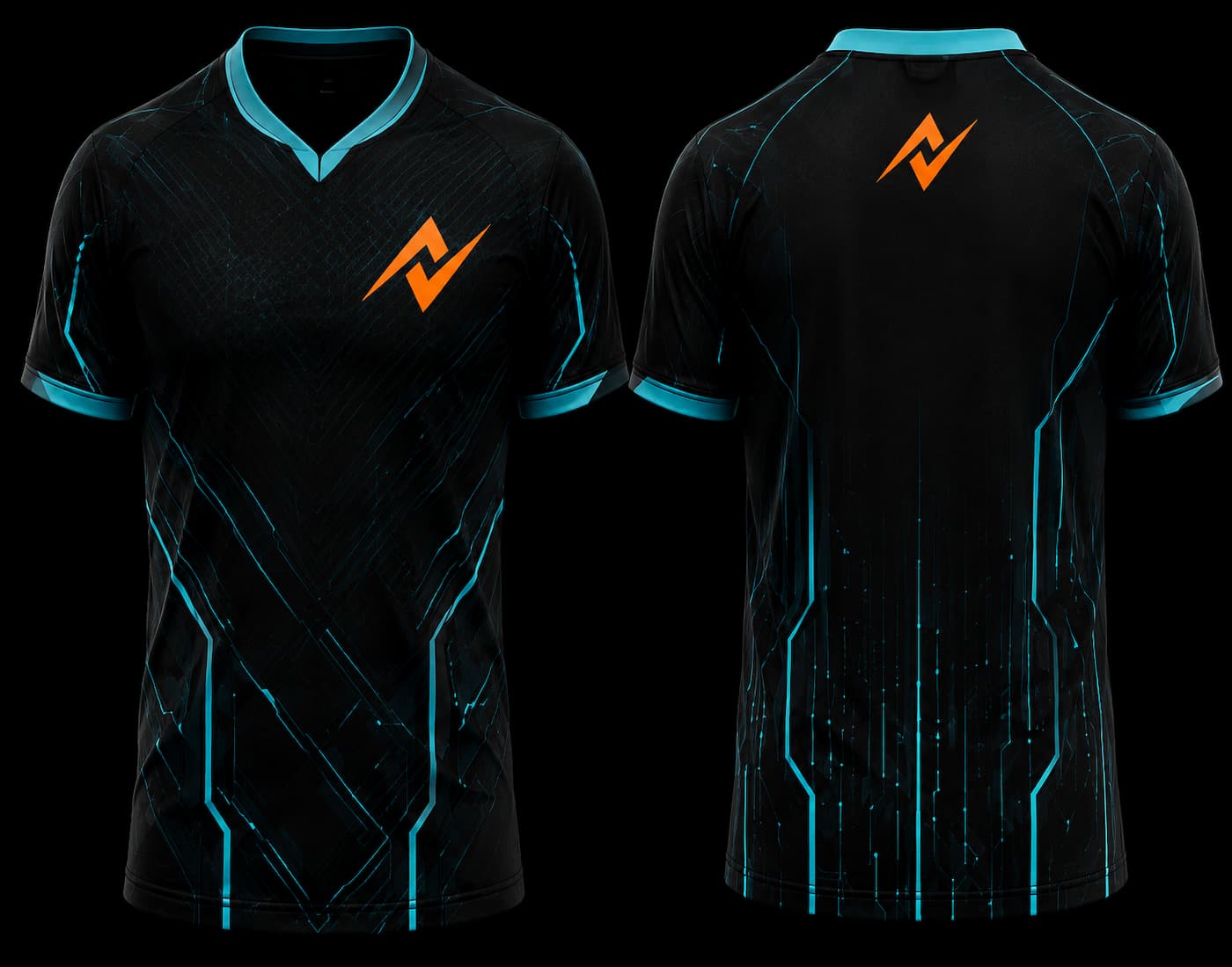 Black and cyan V-neck esports jersey featuring futuristic circuit graphics with front and back views for professional gaming teams.