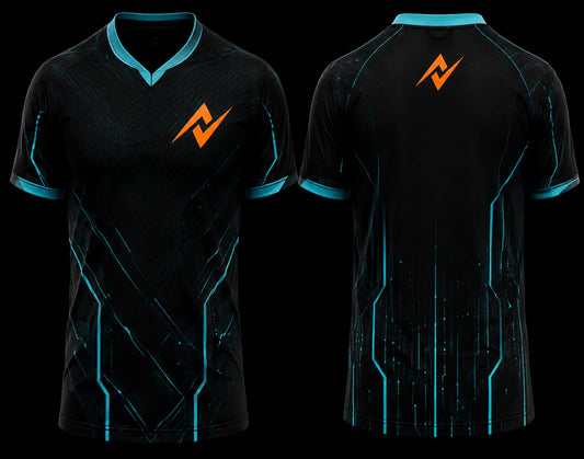Black and cyan V-neck esports jersey featuring futuristic circuit graphics with front and back views for professional gaming teams.
