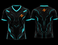 Front and back view of a black and cyan V-neck esports jersey featuring futuristic cyber armor graphics with custom chest and upper back logo placement.