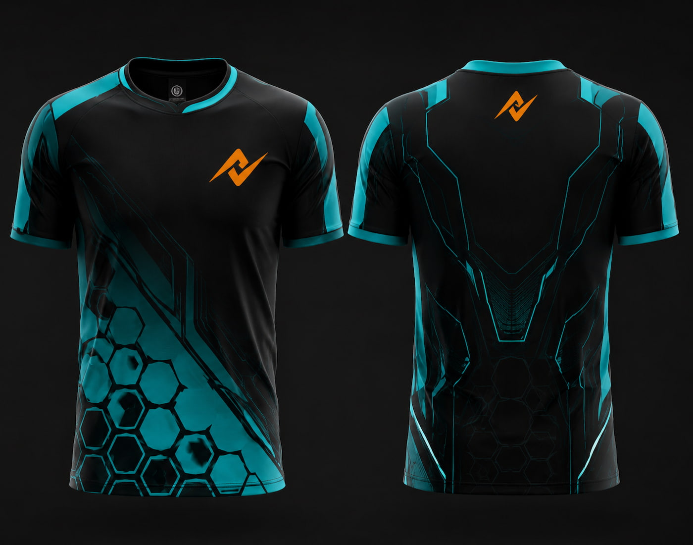 Front and back view of Cyber Hex Free Fire esports jersey featuring black and cyan hexagonal cyber graphics, round neck collar, and orange logo placement on chest and upper back neck.