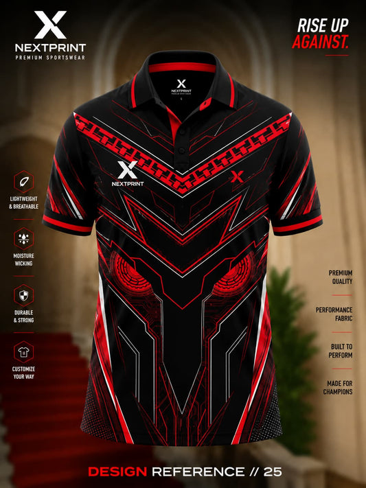 Black and red cyber-themed polo cricket jersey featuring futuristic circuit graphics, angular patterns, and premium dry-fit fabric.