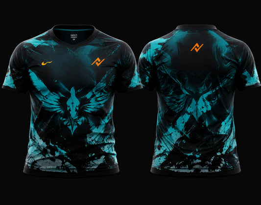 Front and back view of Cyber Phoenix premium esports jersey featuring teal and black phoenix-inspired graphics, round neck collar, and professional gaming apparel styling.