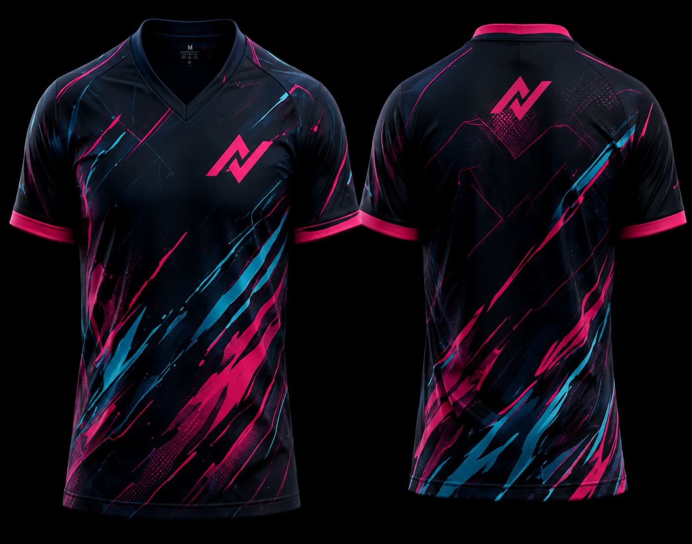 Front and back view of a black esports jersey featuring neon pink and cyan brushstroke graphics with a modern V-neck gaming design.